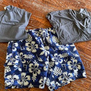Bundle 3 * BURNSIDE Blue White Gray TROPICAL SWIM TRUNKS + 2 New GRAY Tees ~ XL